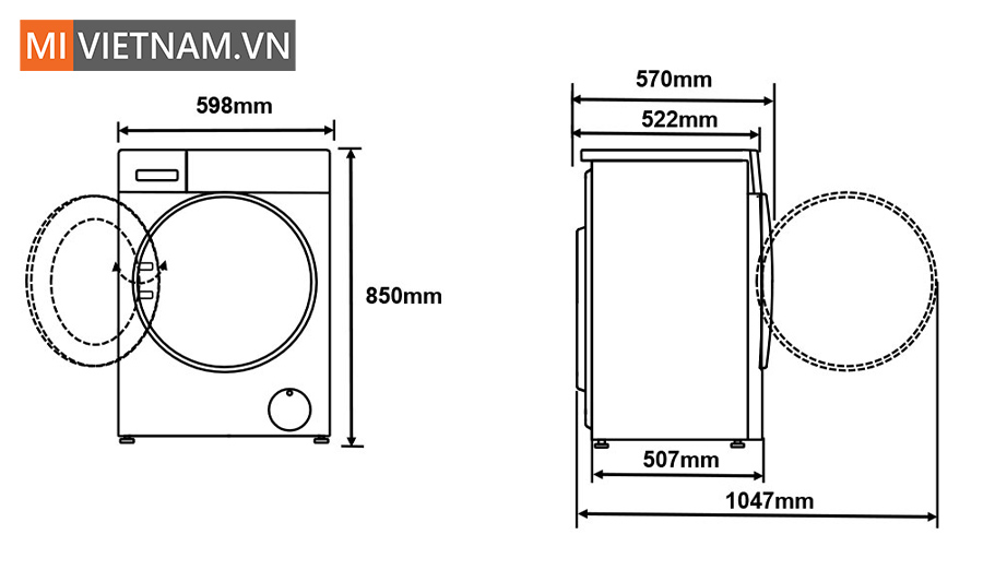 kích thước Máy giặt Xiaomi Mijia MJ106 - Giặt 10kg