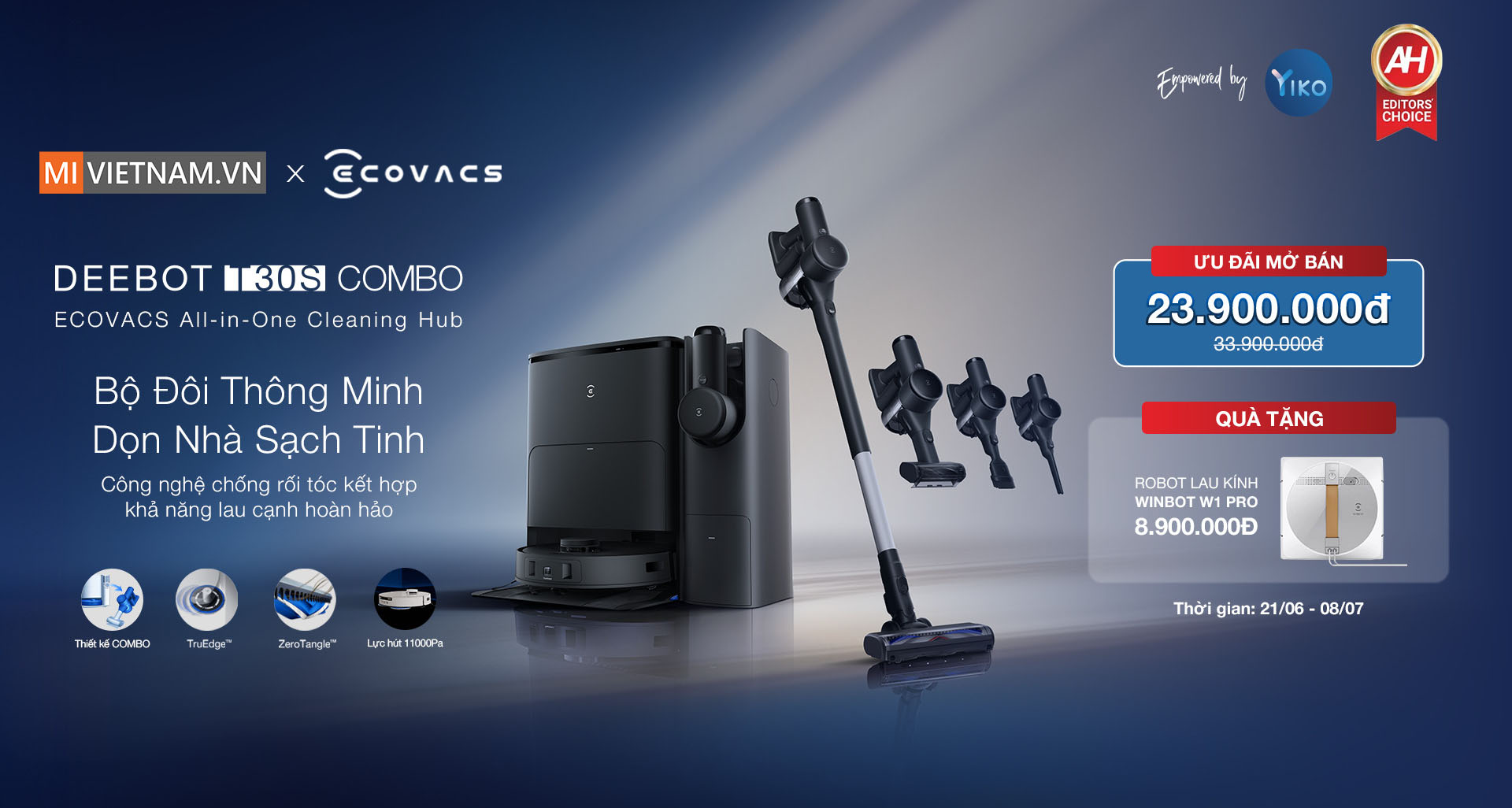 ECOVACS DEEBOT T30S COMBO Robotstofzuiger met alles-in-één reinigingshub, dubbele zelflediging, 11000 Pa, ZeroTangle-technologie, TruEdge™ adaptieve randdweilen, heetwaterreiniging van de dweil