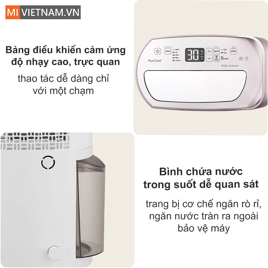 Điều khiển cảm ứng, bình chứa nước trong suốt an toàn