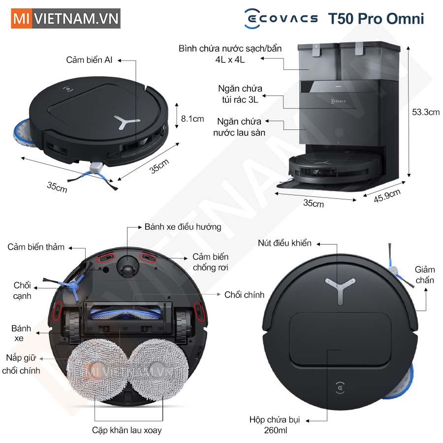 Robot hút bụi lau nhà Ecovacs Deebot T50 Pro Omni 2025 - Bản Quốc Tế 9 Ecovacs T50 Pro Omni