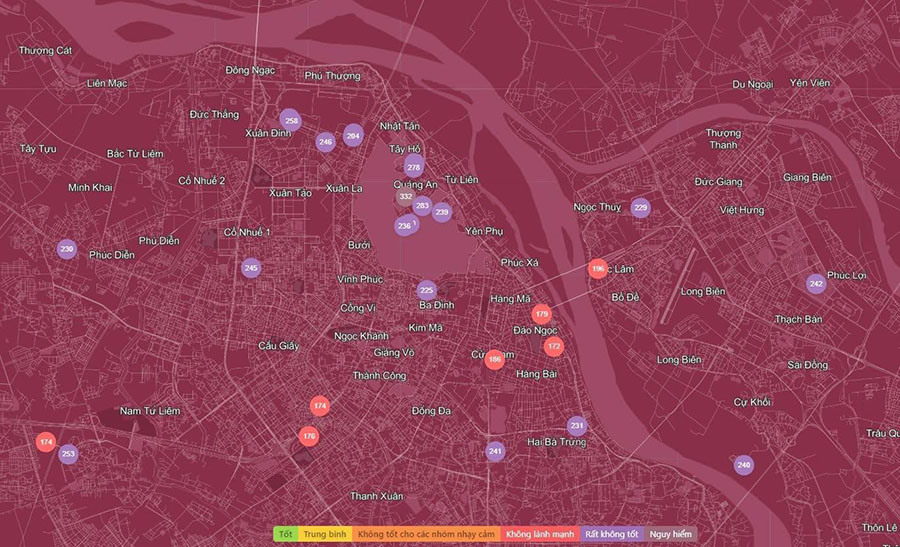 Bản đồ chỉ số ô nhiễm không khí AQI tại Hà Nội đạt ngưỡng nguy hại tháng 12/2025