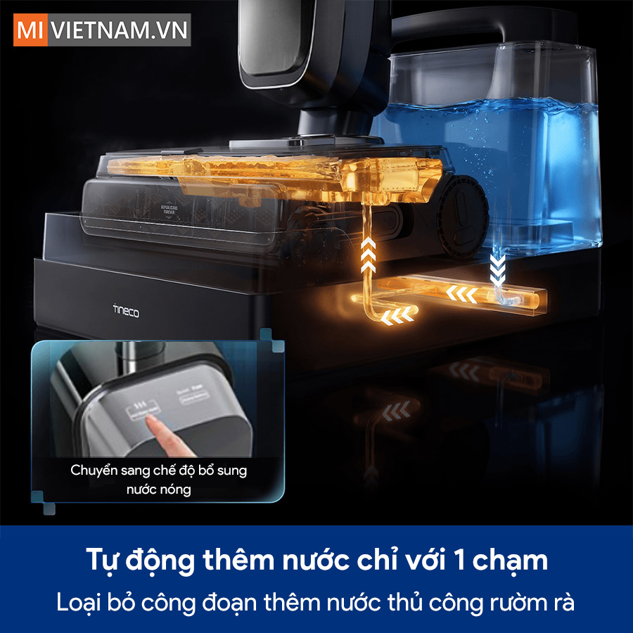 Máy hút bụi lau sàn khô ướt Tineco Floor One Station S9 Scientist - Bản Quốc Tế 4 Lực hút 25.000Pa và công nghệ HydroBurst - xử lý vết bẩn đã khô Máy hút bụi lau sàn Tineco Floor One Station S9 Scientist đạt lực hút tối đa 25.000Pa, cao hơn mức 22.000Pa của bản Station S9 Artist. Với máy lau sàn khô ướt, lực hút quyết định hai việc: hút hết nước bẩn sau lượt lau (sàn khô nhanh, không nhớp) và kéo được rác ẩm - tóc ướt, vụn thức ăn dính - ra khỏi con lăn. Nhưng vết bẩn khó nhất với máy lau sàn không phải bụi, mà là vết đã khô cứng: dầu mỡ bắn ra sàn bếp để qua đêm, nước ngọt đổ khô lại, bùn đất bám khe gạch. Đây là lúc HydroBurst phát huy tác dụng: bạn bấm một nút, máy phun một tia nước áp suất cao thẳng vào vết bẩn để làm mềm và hòa tan trước, rồi mới lau. Cách này giúp bạn không phải cúi xuống kỳ tay hoặc chạy đi chạy lại nhiều lượt trên cùng một điểm. MHCBS - con lăn luôn được làm sạch trong lúc đang lau Điểm khác biệt cơ bản giữa máy lau sàn khô ướt và cây lau nhà truyền thống nằm ở chỗ này. Với cây lau nhà, bạn nhúng giẻ vào xô nước - nước càng lau càng bẩn, và từ lượt thứ hai trở đi bạn đang trải nước bẩn ra sàn. Hệ thống MHCBS trên Tineco Station S9 Scientist cấp nước sạch lên con lăn liên tục trong suốt quá trình chạy, đồng thời hút nước bẩn về bình riêng ngay lập tức. Nước sạch và nước bẩn đi hai đường tách biệt, nên lượt lau sau không dùng lại nước của lượt trước.