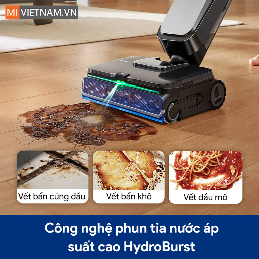 Máy hút bụi lau sàn khô ướt Tineco Floor One Station S9 Scientist - Bản Quốc Tế 10 Tineco Floor One Station S9 Scientist Máy hút bụi lau sàn Tineco Floor One Station S9 Scientist đạt lực hút tối đa 25.000Pa, cao hơn mức 22.000Pa của bản Station S9 Artist. Với máy lau sàn khô ướt, lực hút quyết định hai việc: hút hết nước bẩn sau lượt lau (sàn khô nhanh, không nhớp) và kéo được rác ẩm - tóc ướt, vụn thức ăn dính - ra khỏi con lăn. Nhưng vết bẩn khó nhất với máy lau sàn không phải bụi, mà là vết đã khô cứng: dầu mỡ bắn ra sàn bếp để qua đêm, nước ngọt đổ khô lại, bùn đất bám khe gạch. Đây là lúc HydroBurst phát huy tác dụng: bạn bấm một nút, máy phun một tia nước áp suất cao thẳng vào vết bẩn để làm mềm và hòa tan trước, rồi mới lau. Cách này giúp bạn không phải cúi xuống kỳ tay hoặc chạy đi chạy lại nhiều lượt trên cùng một điểm. MHCBS - con lăn luôn được làm sạch trong lúc đang lau Điểm khác biệt cơ bản giữa máy lau sàn khô ướt và cây lau nhà truyền thống nằm ở chỗ này. Với cây lau nhà, bạn nhúng giẻ vào xô nước - nước càng lau càng bẩn, và từ lượt thứ hai trở đi bạn đang trải nước bẩn ra sàn. Hệ thống MHCBS trên Tineco Station S9 Scientist cấp nước sạch lên con lăn liên tục trong suốt quá trình chạy, đồng thời hút nước bẩn về bình riêng ngay lập tức. Nước sạch và nước bẩn đi hai đường tách biệt, nên lượt lau sau không dùng lại nước của lượt trước.