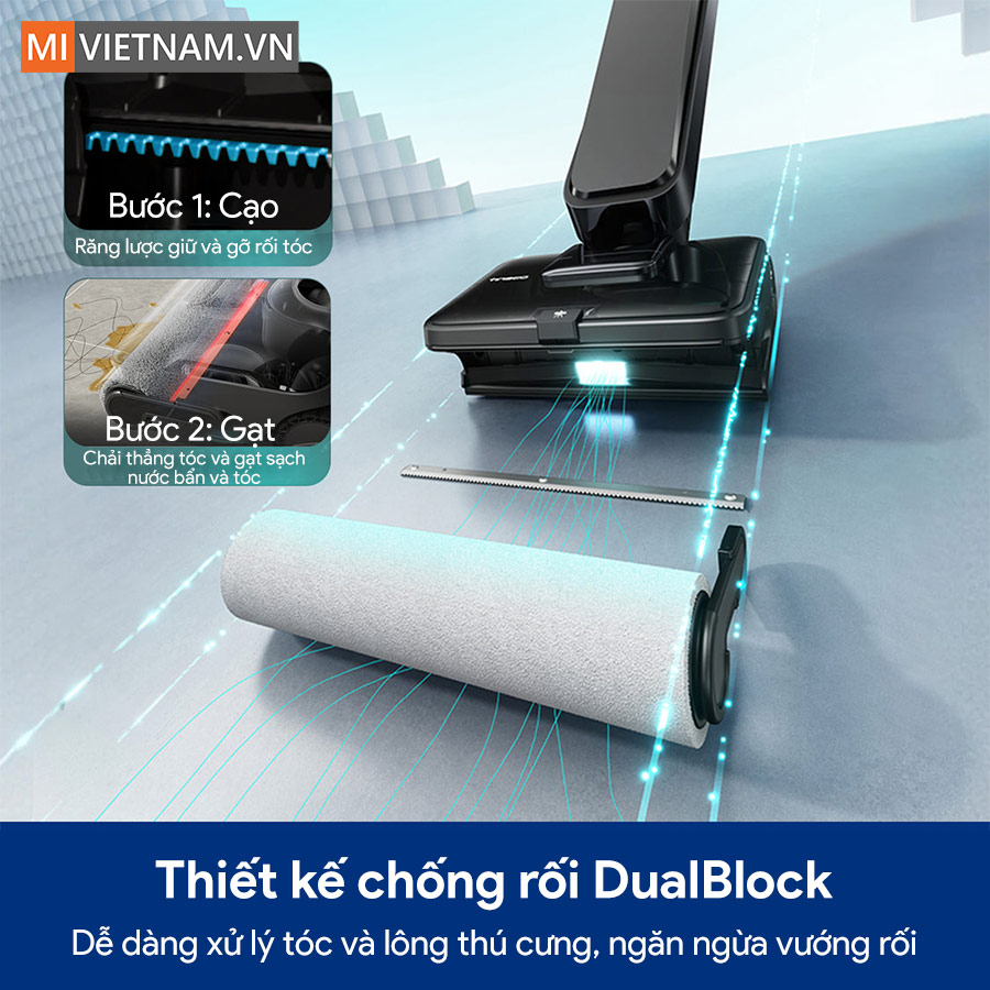 Máy hút bụi lau sàn khô ướt Tineco Floor One Station S9 Scientist - Bản Quốc Tế 8 Tineco Floor One Station S9 Scientist Máy hút bụi lau sàn Tineco Floor One Station S9 Scientist đạt lực hút tối đa 25.000Pa, cao hơn mức 22.000Pa của bản Station S9 Artist. Với máy lau sàn khô ướt, lực hút quyết định hai việc: hút hết nước bẩn sau lượt lau (sàn khô nhanh, không nhớp) và kéo được rác ẩm - tóc ướt, vụn thức ăn dính - ra khỏi con lăn. Nhưng vết bẩn khó nhất với máy lau sàn không phải bụi, mà là vết đã khô cứng: dầu mỡ bắn ra sàn bếp để qua đêm, nước ngọt đổ khô lại, bùn đất bám khe gạch. Đây là lúc HydroBurst phát huy tác dụng: bạn bấm một nút, máy phun một tia nước áp suất cao thẳng vào vết bẩn để làm mềm và hòa tan trước, rồi mới lau. Cách này giúp bạn không phải cúi xuống kỳ tay hoặc chạy đi chạy lại nhiều lượt trên cùng một điểm. MHCBS - con lăn luôn được làm sạch trong lúc đang lau Điểm khác biệt cơ bản giữa máy lau sàn khô ướt và cây lau nhà truyền thống nằm ở chỗ này. Với cây lau nhà, bạn nhúng giẻ vào xô nước - nước càng lau càng bẩn, và từ lượt thứ hai trở đi bạn đang trải nước bẩn ra sàn. Hệ thống MHCBS trên Tineco Station S9 Scientist cấp nước sạch lên con lăn liên tục trong suốt quá trình chạy, đồng thời hút nước bẩn về bình riêng ngay lập tức. Nước sạch và nước bẩn đi hai đường tách biệt, nên lượt lau sau không dùng lại nước của lượt trước.