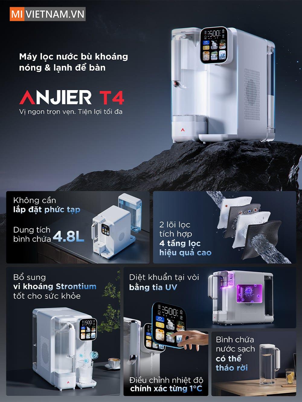 Máy lọc nước bù khoáng nóng lạnh để bàn Anjier T4 - Bản Quốc Tế 3 Anjier T4