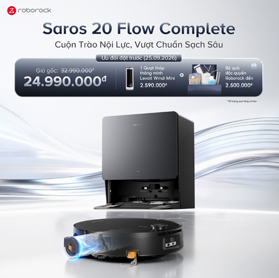 Roborock ra mắt robot hút bụi lau nhà con lăn thế hệ mới Saros 20 Flow Complete